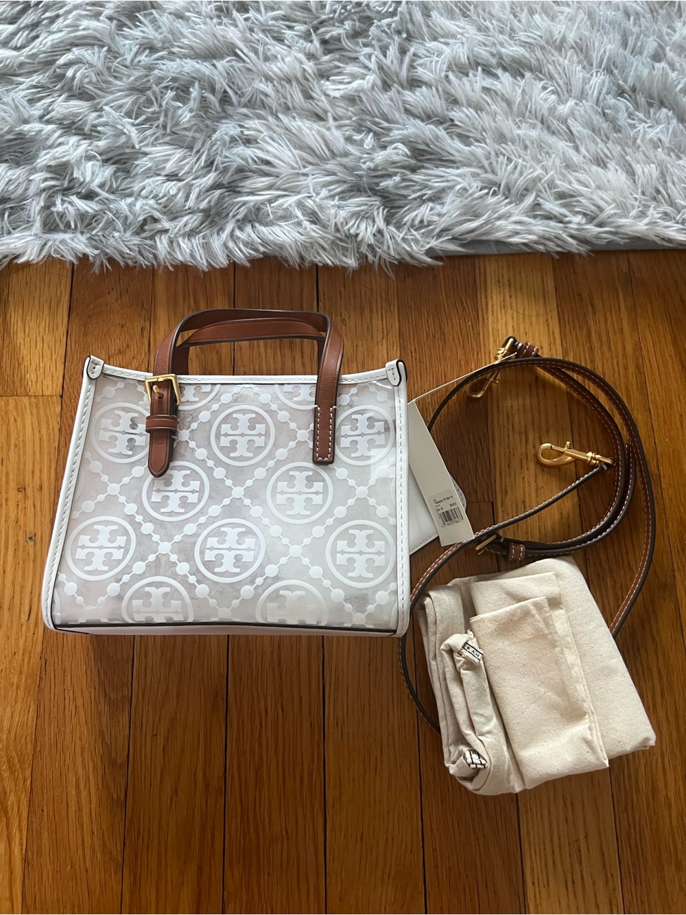 Tory Burch T Monogram TPU White and Brown Mini Tote with Leather Trim